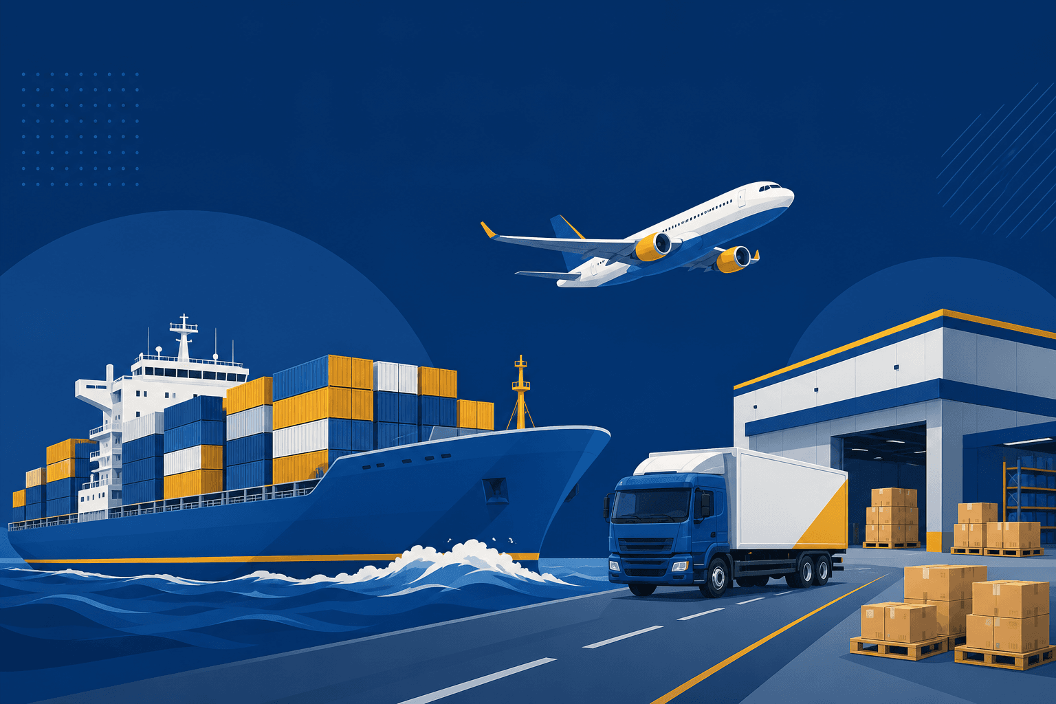 Container ship, cargo plane and truck delivering cartons to a warehouse — China to Amazon FBA logistics